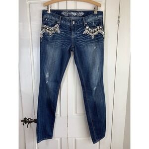 Express Zelda Jeans Women’s 8 Blue Denim Slim Fit Ultra Low Rise Distressed READ